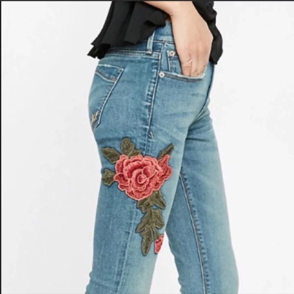 EXPRESS Distress Rose Floral Embroidered Jeans